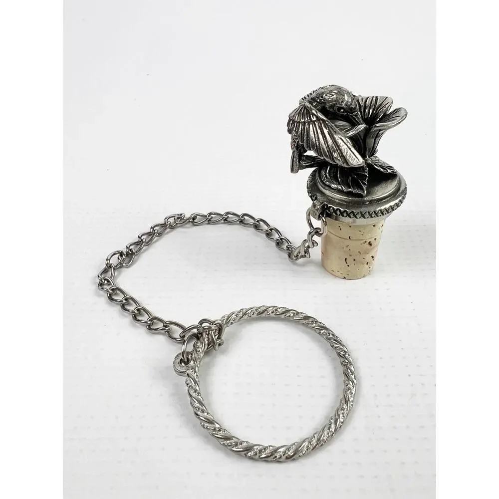 Vintage Wine Bottle Stopper Pewter Hummingbird Natural Cork Chain And Ring